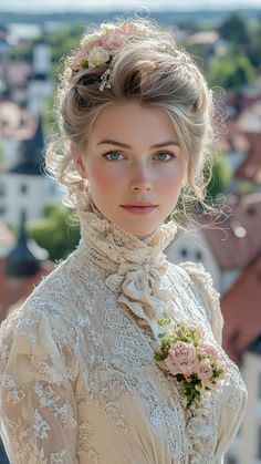 a woman in an old fashioned dress with flowers on her head and shoulders, looking at the camera