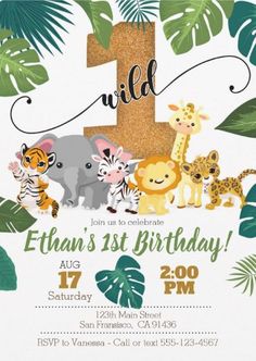 an animal themed first birthday party with jungle animals and palm leaves on the front, including one