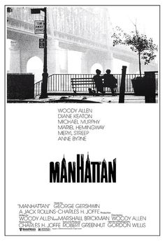 a movie poster for manhattan with two people sitting on a bench in front of a building