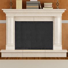 an empty fireplace with books on the mantle