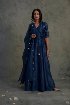 Chanderi Angrakha Wrap Dress With Jogger at Kamakhyaa by Charkhee. This item is Angrakha, Blue, Chanderi, Cotton, Embellished, Ethnic Wear, Indian Wear, Kurta Pant Sets, Kurta Set With Dupatta, Mirror Work, Natural, Relaxed Fit, Tyohaar, Wedding Gifts, Womenswear Angrakha Anarkali, Angrakha Dress, Flared Palazzo, Angrakha Style, Sustainable Clothing Brands, Printed Cotton Dress, Kurta Designs, Mirror Work, Indian Wear