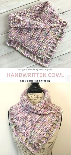 two pictures showing the same pattern for a knitted cowl with text that reads, handwritten cowl free crochet pattern