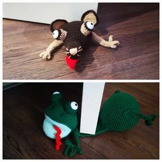 there are two pictures of stuffed animals on the floor and one has a frog toy in it's mouth