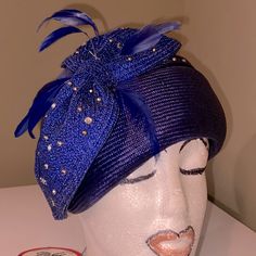 Absolutely Beautiful Navy Blue Natural Straw With A Royal Blue Metallic Bow. Embellished With Rhinestones And Feathers. This Is A Mr. John N Y / Paris Vintage Hat In Excellent Condition! Formal Fitted Embellished Hat, Blue Rhinestone Hat For Summer, Blue Summer Hat With Rhinestones, Embellished Evening Hats, Royal Blue Fitted Hat For Party, Embellished Fitted Party Hat, Fitted Royal Blue Hat For Evening, Royal Blue Party Hat, Elegant Fitted Beaded Hat