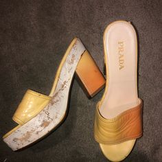 Used Prada Heels Luxury Spring Heels With Wooden Heel, Designer Heels With Wooden Open Heel, Designer Heels With Wooden Heel For Summer, Designer Sandals With Wooden Heel For Spring, Prada Platform Sandals, Prada Heels, Shoes Prada, Prada Shoes, Platform Sandals