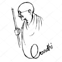 an old man holding a stick in his hand and the word gandhi written on it