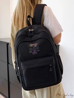 Bird in Bag - Durable Black Nylon College-Style Student Backpack with Cool Design, Ideal for High School, Junior High School, Commuting, School Bags In Nylon With Letter Print, Letter Bag, College Style, Junior High School, Student Backpacks, Junior High, College Fashion, Bird In Bag, Black Nylon