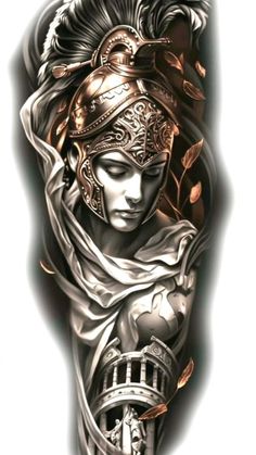 an artistic tattoo design with a woman in armor