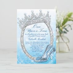 a blue shoe and tiara themed birthday party card