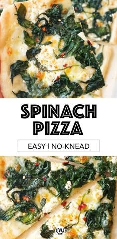 spinach pizza with cheese and spinach leaves on top is shown in this image