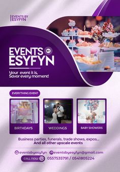 a flyer for an event with purple and white decorations on the front, and two photos of