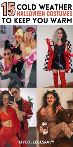 collage of halloween costumes with text overlay that reads, 15 cold weather costume ideas to keep you warm