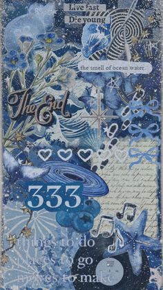 a blue and white painting with words on it