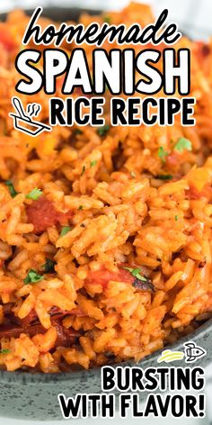 a bowl filled with rice and bacon on top of a white table next to the words homemade spanish rice recipe