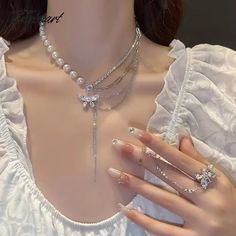 41966495203375 White Butterfly Knot Jewelry For Wedding, White Rhinestone Clavicle Necklace For Weddings, Wedding Rhinestone Necklace With Chain, White Bling Bridal Necklace Gift, White Bridal Necklace With Bling As Gift, Layer Chain Necklace, Layer Chain, Layered Chain Necklace, Dress Women Elegant