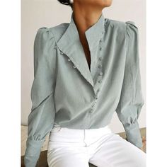 Elevate Your Wardrobe With This Stunning Sage Green Blouse. Featuring A Unique Asymmetrical Button-Up Design, Luxurious Puff Sleeves, And A High Collar, This Top Exudes Sophistication And Style. The Lightweight Fabric Drapes Beautifully, Making It Perfect For Both Office Wear And Evening Occasions. Its Versatile Color And Timeless Design Make It A Must-Have Piece For The Fashion-Forward Woman. Refco162 Xs Top Reasonable Offers Are Gladly Accepted. Your Order Will Be Handled With Care, Packed Thoughtfully In Repurposed Packaging, And Shipped Promptly From My Smoke-Free, Pet-Free Home. Please Note That The Items May Arrive Folded And Might Have Wrinkles. The Actual Fabric Color May Slightly Womens Blouses Casual, Puff Blouse, Turtleneck Blouse, Stand Collar Blouse, Stand Collar Shirt, High Neck Blouse, Elegante Casual, White Long Sleeve Shirt, Puff Sleeve Blouse