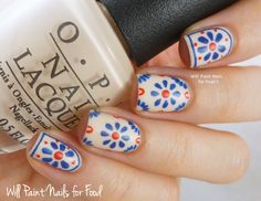 Mexican Clay Pot Nails, Talavera Inspired Nails, Mexican Inspired Nails Art Designs, Mexican Theme Nails Acrylic, Mexican Pottery Nails, Folk Art Nails, Mexico Inspired Nails, Pottery Nails, Mexican Inspired Nails