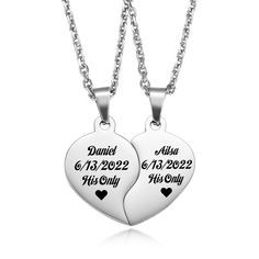 PRICES MAY VARY. 💕 2pcs Matching Heart Necklace - Express your deep care for him/her by engraving his/her name, initials, date, phrase, Roman numerals or coordinates. 💕 Special Design - The necklace consists of two separate halves of the heart, which together form a complete heart that can be worn by two people. 💕 Material and Size - Made of high-quality 316 stainless steel, which is not easy to fade or oxidize, and is durable. Chain length: The chain for style A and style B is 20'' and 24'', Matching Necklace For Couples, Matching Chains For Couples, Necklaces For Couples, Relationship Necklaces, Matching Necklaces For Couples, Heart Puzzle, Friendship Necklace, Shape Puzzles, Cute Nike Shoes