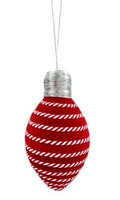 a red and white ornament hanging from a string on a white background in the shape of a ball