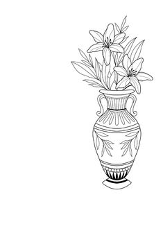 a black and white drawing of a vase with flowers in it on a white background