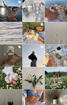 a collage of photos with wine, flowers and people on the beach at sunset