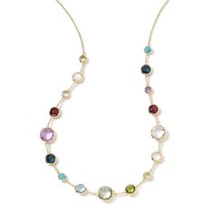 From the IPPOLITA Gold Rock Candy Collection, this 18k yellow gold Lollitini necklace features uniquely faceted amethyst, London blue topaz, turquoise, blue topaz, green amethyst, peridot, green gold citrine, mother-of-pearl, and clear quartz gemstones. Necklace is 36 inches in length with a lobster claw closure. Style #: GN618X36MULTI Ippolita Jewelry, Multi Gemstone Necklace, Hinged Ring, 18k Gold Necklace, Amethyst Gold, Necklace Craft, Teardrop Necklace, Green Amethyst, Short Necklace