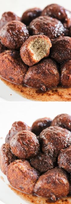 two pictures of chocolate doughnuts on a plate