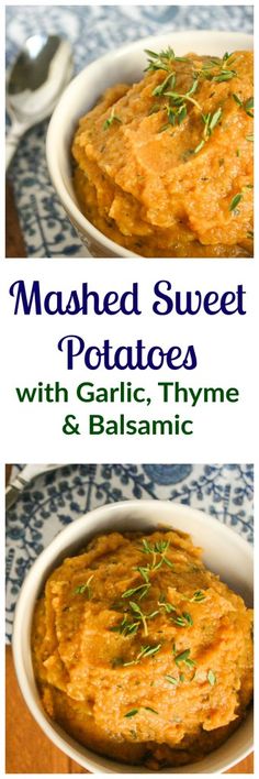 mashed sweet potatoes with garlic, thyme and balsamic in a bowl