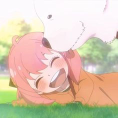 two anime characters are laying in the grass and one is kissing the other's head