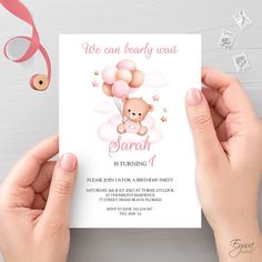 Baby Girl Birthday Invitation Template with cute teddy bear and balloons. Perfect for a baby girl's birthday party.
ALL TEXT is editable with Adobe Acrobat Reader. 
This listing is a digital, printable invitation for easy, affordable, and beautiful at-home printing.
Change the color, font and edit the files yourself. Bear And Balloons, Bday Party Invitations, Computer Notes, Girl Bday Party, We Can Bearly Wait, Bearly Wait, Bday Girl