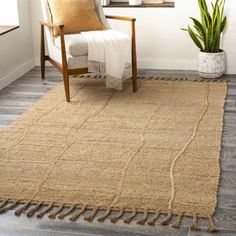 a living room area with a chair, rug and potted plant on the floor