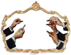 three hands holding cell phones in front of a gold frame with the reflection of two people's hands