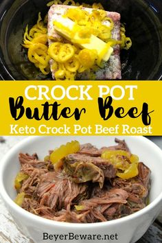 the crock pot butter beef is served in a white bowl with yellow peppers and onions