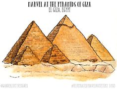 three pyramids in the desert with text that reads travel at the pyramids of giza