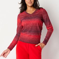 Make your daily style easy when choosing this pullover v-neck women's sweater by Worthington. Cut for a close fit from soft knit, it has long sleeves and ribbed trims. Wear it with everything from jeans to skirts with flats.Closure Type: Pullover HeadFit: Regular FitNeckline: V NeckSleeve Length: Long SleeveSleeve Style: Fitted SleeveApparel Length: 25 Inches - FrontFiber Content: 64% Acrylic, 33% Polyester, 3% SpandexCare: Machine Wash, Tumble DryOwned & Founded: Women Owned/FoundedCountry of O Skirts With Flats, Large Sweaters, Small Sweater, Long Sleeve Pullover Sweater, Daily Style, Pullover Sweater Women, Red Sweaters, Long Sleeve Pullover, Soft Knits