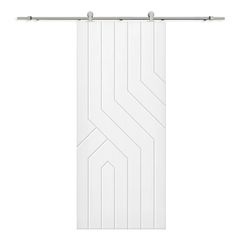 a white door with an arrow pattern on the front and side panel, hanging from a metal rod