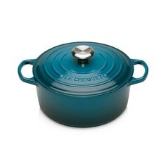 a blue casserole on a white background