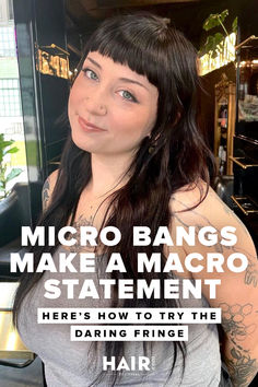 Micro bangs may be small, but they make a big statement. A pro stylist explains what to know about the drastic chop, plus learn our best care and styling tips. Micro Bangs Long Face, Micro Bangs Ponytail, Fringe Micro Bangs, Styling Micro Bangs, Plus Size Micro Bangs, Shag Haircut With Micro Bangs, Micro Bangs Square Face, Micro Bangs Tutorial, Round Face Micro Bangs