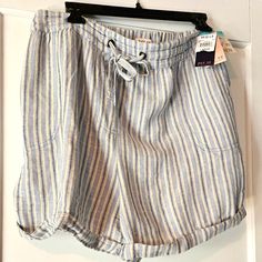 Linen Shorts In Classic Blue And White Stripes. Pockets In Back And At Sides. Cuffed On Bottom. Size Large. New Never Worn. Smoke-Free And Pet Free Home. Blue Pajama Shorts With Pockets For Spring, Light Blue Casual Bottoms For Beach Season, Light Blue Casual Beach Bottoms, Striped Bottoms With Pockets For Beach Season, Light Blue Casual Pajama Shorts For Spring, Light Blue Shorts For Beach Season, Light Blue Spring Pajama Shorts, Casual Light Blue Shorts For Vacation, Blue Bermuda Shorts With Elastic Waistband For Summer