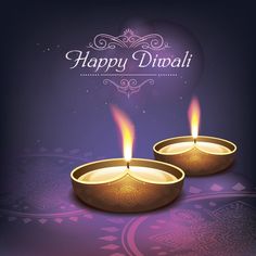 happy diwali greeting card with two lit candles in front of a purple background