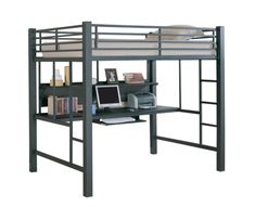 a bunk bed with desk underneath it and bookshelves on the bottom shelf below