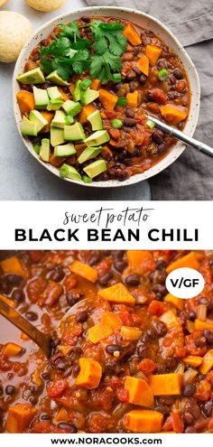 two pictures showing different types of food in the same bowl, one is black bean chili and the other has avocado