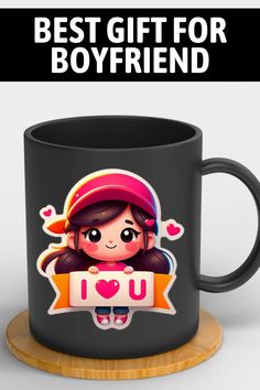 a black coffee mug with the words best gift for boyfriend on it and an image of a