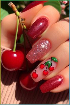 Summer Gel Nail Designs 2024, Dragon Fruit Nails, Fruit Nails Design, Cherry Nails Designs, Christmas Tree Nail Designs, Simple Dragon, Strawberry Makeup, Hawaiian Nails, Strawberry Nail Art