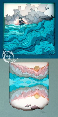 two paintings with different colors and shapes on them