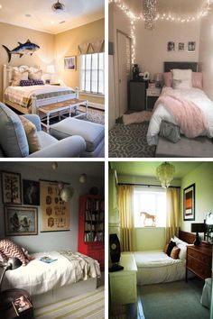 four different rooms with pictures and lights on the ceiling, one is in a bedroom