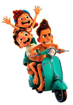 three children riding on the back of a scooter with their arms in the air