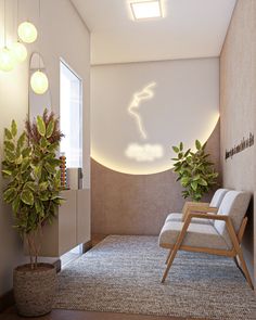 a room with two plants and a chair in the corner next to a wall that has a drawing on it