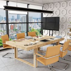 a conference room with a large table and chairs in front of a cityscape