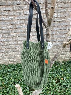 "Crocheted tote using macrame cord and leather handles. Measures 14\" tall, 10.5\" wide and handles are 10\". Spot clean." Crochet Tote Bag, Crochet Tote, Macrame Cord, Market Bag, Leather Handles, Leather Handle, Macrame, Handles, Tote Bag